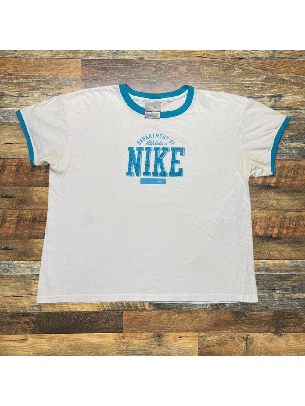 Y2K Women’s Nike Athletics Ringer White Blue T-Shirt Size XL Glitter Graphic